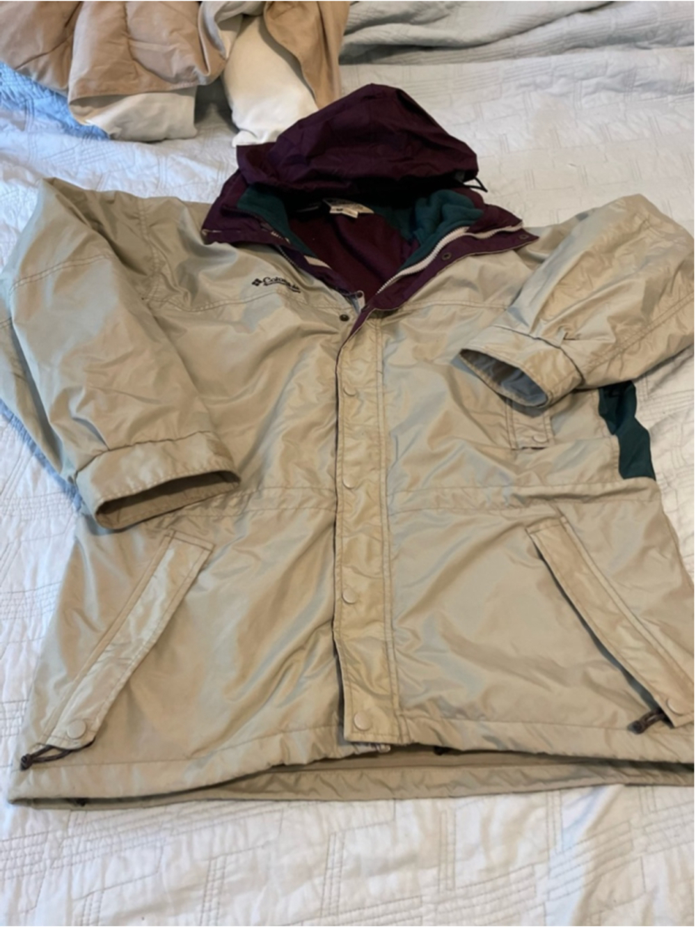 Columbia Men's Hooded Beige Winter Jacket removable fleece vest liner gorpcore